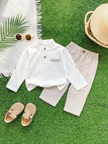 2 Stücke/Set Baby Jungen Lässiger, vielseitiger Outfit mit Stehkragen Langarmoberteil & gestreifter Lange Hose, geeignet für Alltag, Outdoor und Partytragen, Frühling/Sommer