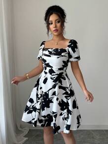 Elenzga 黑白镂空+褶饰腰部短款连衣裙 - 黑與白 - 查看 5