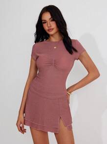 Roylia Women Summer Elegant Round Neck Short Sleeve Drawstring Waist Fitted Crop Top & High-Low Layered Skirt 2pcs Set