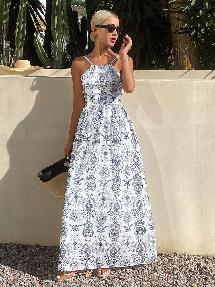 Floral Print Dress, Halter Backless Design Casual Vacation Summer Long Dress For Women Cruise Outfit For Women Maxi Dress Boho