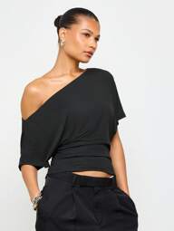 AiiRZ Off Shoulder Asymmetric Draped T-Shirt Ruched Waist Design Casual Loose Fit Modern Minimalist Top Fashion Basic Essential Cropped Length
