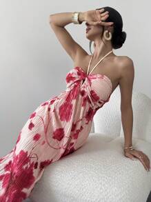 Firerie Women's Elegant Romantic Vacation Pleated Long Maxi Dress With Spaghetti Straps, Holiday Style Red Tie Dye Floral Print Aline Flowy Halter Neck Tie Dress For Beach, Wedding, Music Festival, Summer Holiday Outfits,Summer - Multicolor - View 6