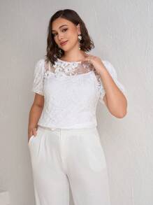 Chikora Plus Size Summer Elegant Solid Color Lace 3D Floral Decor Blouse,Lace Top,White Tops,Office Attire For Women