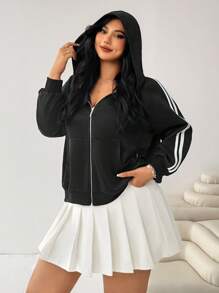 SHEIN EZwear 大码女式撞色条纹连帽卫衣，秋冬季 - 黑與白 - 查看 6