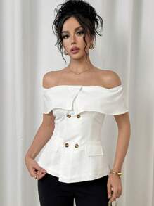 Modelyn Blusa elegante de diseño moderno con hombros descubiertos y doble botón para mujer, primavera/verano - Blanco - Ver 1