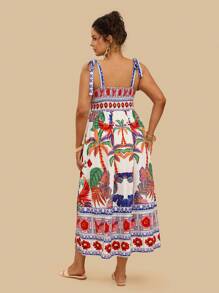 Travachic Vestido de verano para mujer con estampado tropical de plantas y loros, con lazo en el hombro en talla grande para vacaciones y uso casual