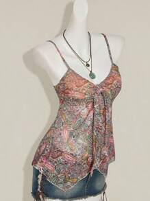 SHEIN ICON Y2k Style d'été vintage hippie occidental boho, robe femme nonchalante d'été pour les vacances, style imprimé cachemire, buste froncé, ourlet asymétrique, cache-cœur en mesh - Multicolore - Voir 6