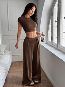 SHEIN Unity Solid Color Short Sleeved Casual Vacation Two Pieces Set For Women In Spring/Summer - Brown - View 6