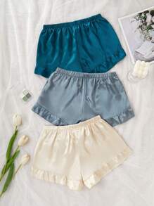 SHEIN 3pcs/Set Ruffled Hem Faux Silk Pajama Shorts - Multicolor - View 4