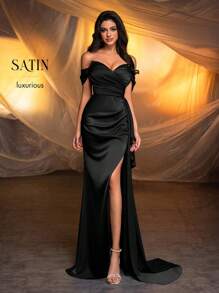 Glamrae Elegant&Luxurious Off-Shoulder Flared Sleeve Beaded Bust Cup Boned Patchwork Ruffled High Slit Fishtail Hem Black Formal Evening Gown For Prom&Wedding - Black - View 8