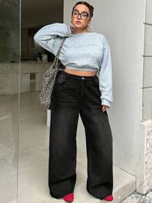 SHEIN ICON Plus Size Blue Loose Casual Straight Leg Jeans