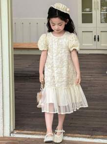 Dazy Kids 女童圆领休闲纹理网纱拼接花卉中长款夏季短袖派对生日连衣裙