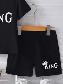 2件套男童字母印花休闲短袖上衣和短裤套装，夏季男童套装，男童2件套，男童服装4件套，男童西装套装，青少年男童短裤 - 黑色 - 查看 4
