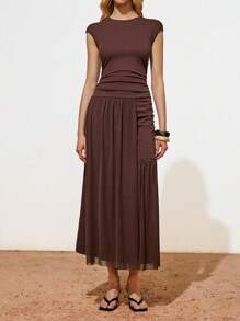Lumivelle Women's Solid Color Round Neck Cap Sleeve Ruched Elegant Dress - Brown - View 5