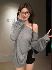 DAZY Maglietta oversize da donna con spalle scoperte e spacchi, top grigio con spalle scoperte, top con spalle scoperte, maglietta con spalle scoperte, abbigliamento autunnale da donna a maniche lunghe - Grigio - Visualizzare 4