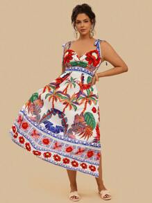 Travachic Vestido de verano para mujer con estampado tropical de plantas y loros, con lazo en el hombro en talla grande para vacaciones y uso casual