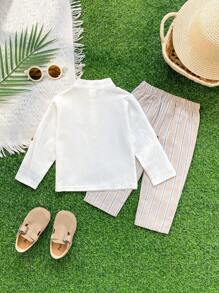 2 Stücke/Set Baby Jungen Lässiger, vielseitiger Outfit mit Stehkragen Langarmoberteil & gestreifter Lange Hose, geeignet für Alltag, Outdoor und Partytragen, Frühling/Sommer