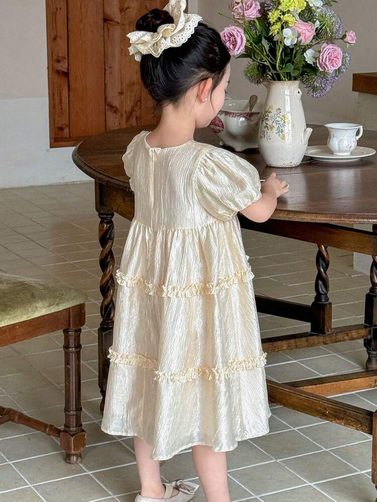 Girl (Small) Ruched Round Neck Summer Birthday Party Puff Sleeve Short Dress