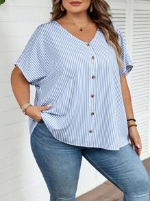 SHEIN CURVE+ Plus Size Striped Print V-Neck Front Button Casual Short Sleeve Shirt Summer/Country/Beach Vacation/Beach Wear - Blue and White - View 6