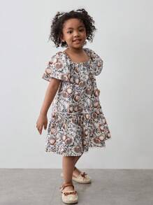 Maija Kids Maija Kids 年轻女孩圆领荷叶边连衣裙，夏季时尚 - 杏色 - 查看 3