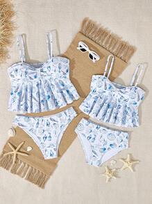 Tween Girls Shell Print Bikini Swimsuit For Beach Holiday - Blue and White - View 1