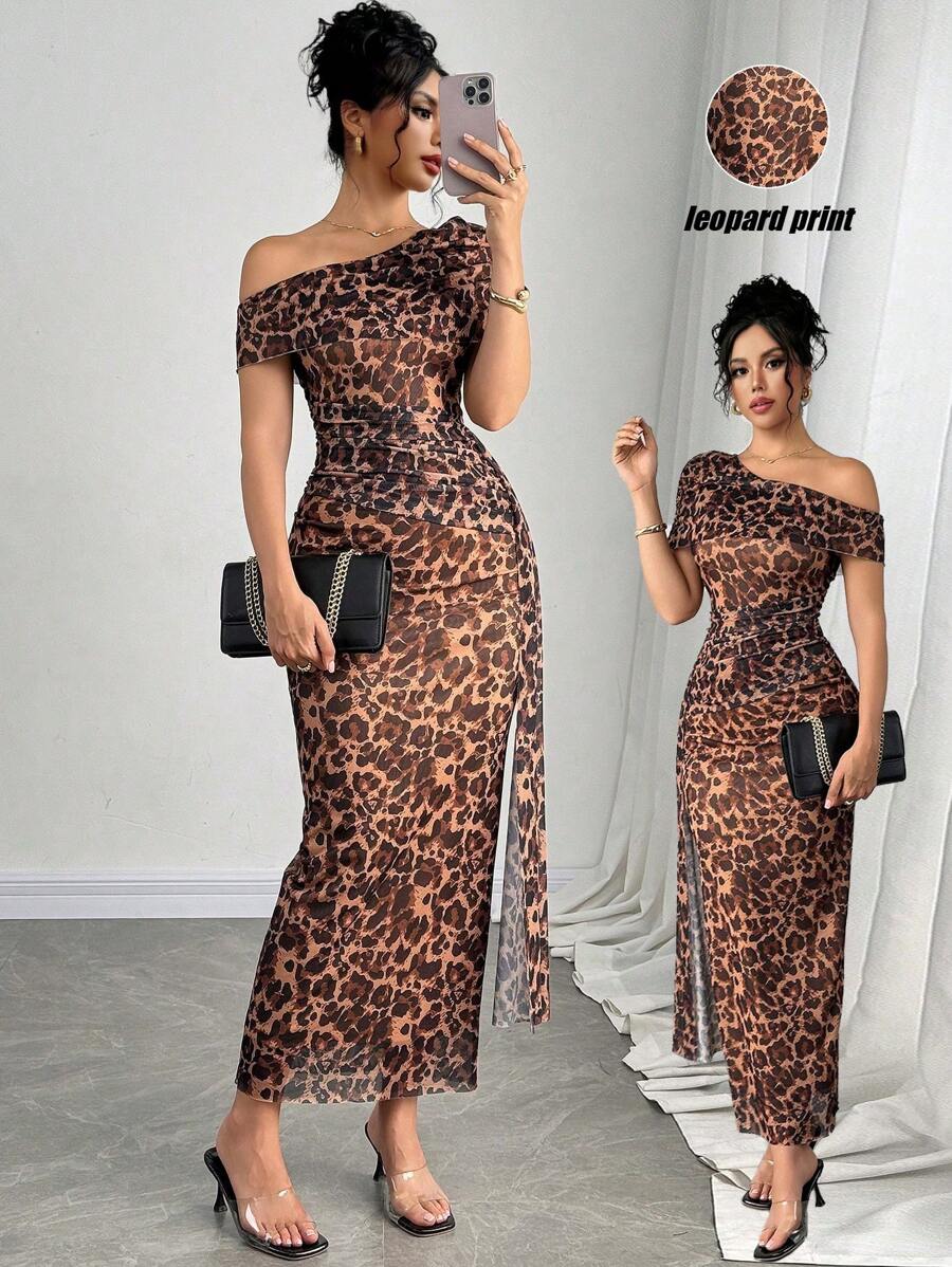 Rafferiza Women Elegant Leopard Print One Shoulder Net Flounce Pleated Fitted Dress - Coffee Brown - View 1