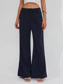 Roylia Women's Fashion Pockets Commuter Elegant Versatile Striped Slightly Flared Pants Fall Cloth For Women - Navy Blue - View 5