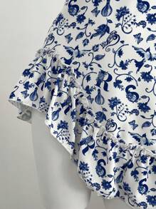 SHEIN Unity 女士花卉印花荷叶边下摆细肩带前系带连衣裙 - 藍色 - 查看 3