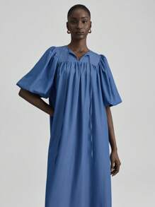 Ontre Elegant Aqua Blue Autumn Vacation Long Dress For Women,Denim Effect Pleated Loose Puff Sleeves Chic Office Tea Party Outfit Everyday Independence Day - Medium Wash - View 4
