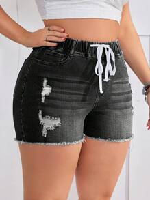 SHEIN EZwear Plus Size Women Drawstring Waist Pocket Distressed Frayed Hem Casual Versatile Denim Shorts - Black - View 3