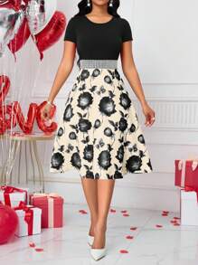 SHEIN Clasi 优雅休闲情人节印花连衣裙 - 黑色 - 查看 7