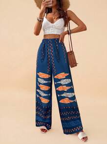 SHEIN VCAY Women Loose Fit High Waist Wide Leg Printed Woven Pants, Suitable For Spring And Summer Holiday - Navy Blue - View 6