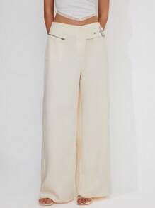 Roylia Women's Summer Low-Waist Cargo Pants With Zipper Detail And Pockets, Straight Leg Design - Apricot - View 4