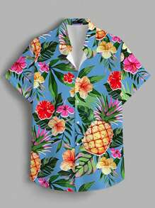 Manfinity BRENVOR Men's Tropical Plant Print Front Button Casual Vacation Short Sleeve Shirt - Blue - View 4