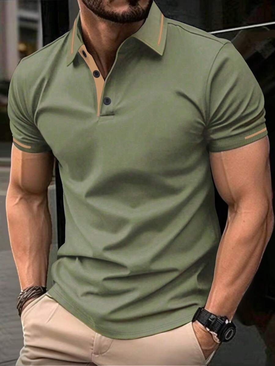 Manfinity Homme 男士夏季休闲撞色短袖 Polo 衫 - 綠色 - 查看 1