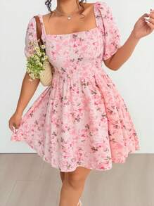 Lyrianda 大码女式粉色浪漫度假方领泡泡袖印花迷你连衣裙 - 彩色 - 查看 6