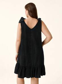 SHEIN LUNE 大码蝴蝶结木纽扣装饰连衣裙 - 黑色 - 查看 2