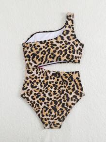 Teen Girl Asymmetric Neck Leopard And Floral Print One-Piece Swimsuit Bathing Suits For Girls One Piece One Piese Bathing Suit For Girls Bathing Suits For Teens Top Swimsuits For Girls One Piece One Piece Bathing Suit For Girls