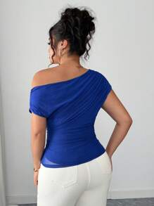 Elenzga Plus Size Women Pleated Mesh Elegant T-Shirt