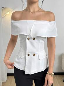 Modelyn Blusa elegante de diseño moderno con hombros descubiertos y doble botón para mujer, primavera/verano - Blanco - Ver 3