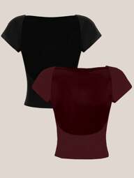 SHEIN EZwear 2 st/set rygglös svart & vinröd rund hals kortärmad t-shirt med åtsittande snitt för kvinnor, sommar lämplig för att gå ut