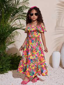 مجموعة للفتاة الشابة تتكون من ملابس علوية كاميسول بنقشة زهور مبعثرة وتنورة قصيرة بنفس النقشة، من القماش المنسوج الخفيف للربيع والصيف - متعدد الألوان - مشاهدة 5