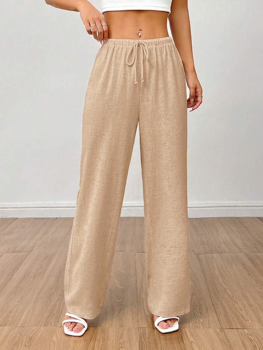 SHEIN PETITE Women's Linen High Waisted Summer Baggy Pants,Cargo Pants - Apricot - View 1