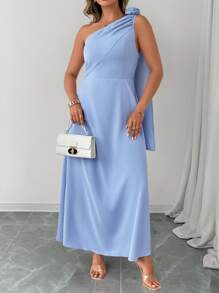 Elenzga Plus Size Solid Color Asymmetrical Neck Dress, Fashionable For Summer - Blue - View 5
