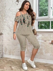 SHEIN LUNE Set de 2 piezas Falda con estampado floral de plumas con textura para mujer de talla grande, adecuado para vacaciones de verano, conjunto de 2 piezas de verano adecuado para salir - Beis - Ver 4
