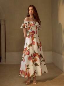 MOTF PREMIUM LINEN FLORAL PRINTED OFF-SHOULDER DRESS - Multicolor - View 5