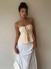 Siren Gaze Áo thun nữ màu trơn buộc vai phía trước có họa tiết xếp nếp - Màu be - Xem 6