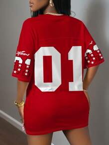 Slaydiva Große Größen Lässig minimalistisches Sport-Trikot mit Nr. 01 Aufdruck, V-Ausschnitt Kurzarm T-Shirt mit Drop Shoulder, geeignet für Frühling/Sommer