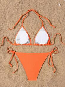 SHEIN Swim Bộ 2 chiếc/Bộ đồ bơi bikini thắt nút hở lưng trơn, thích hợp đi biển vào mùa hè - trái cam - Xem 2