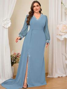 Coutiva Plus Size Elegant Blue Knit Bubble Patchwork Bodycon Dress - Baby Blue - View 6